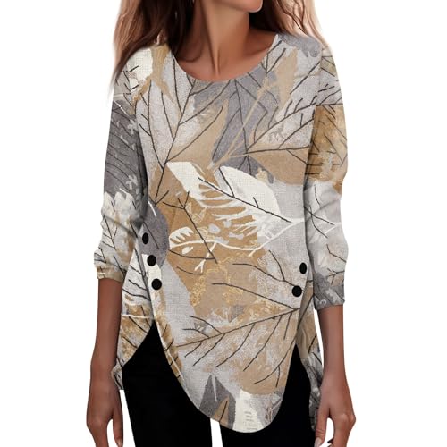 Fall 2023 Womens Fashion Plus size fall tops Womens Tops Long Sleeve Womens henley Long Sleeve Shirts for Women Dressy O-Neck Tunic Tops Casual Button Pullovers Printed Tees Side Irregular Hem Blouses