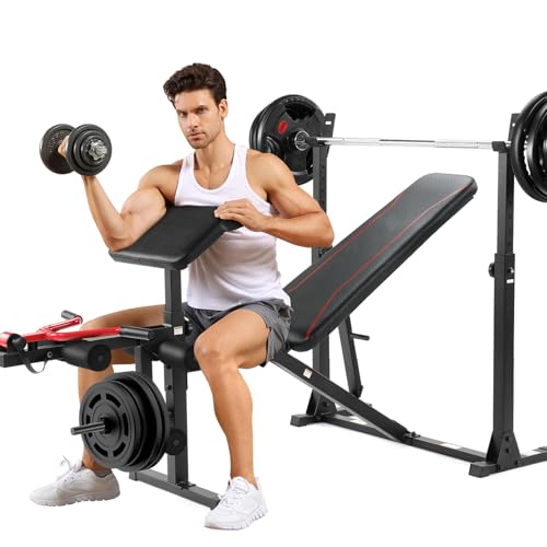 Olympic Weight Bench Adjustable Weight-Lifting Workout Bench with Barbell & Squat Rack, Leg Extension, Preacher Arm Curl Pad Multi-Function Bench Press Set for Home Gym Full Body Workout