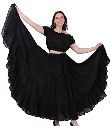 Wevez Women’s 40 Inch Cotton Full Circle Elastic Waist Tribal Fusion Belly Dance A Line Plus Size Maxi Skirt (Black)