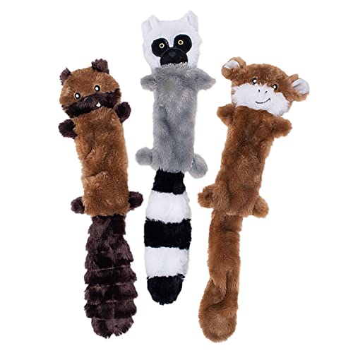 ZippyPaws Skinny Peltz - Chipmunk, Lemur, Monkey - No Stuffing Squeaky Dog Toys, Unstuffed Chew Toy for Small & Medium Breeds, Bulk Multi-Pack of 3 Soft Plush Toys, Flat No Stuffing Puppy Toys - 18'
