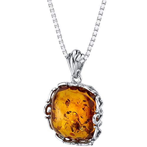 PEORA Genuine Baltic Amber Cushion Cut Pendant Necklace for Women 925 Sterling Silver, Rich Cognac Color, Designer Scroll Gallery with 18 inch Chain