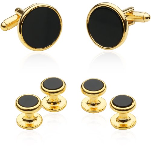 Cuff-Daddy Mens Black Onyx Gold Tuxedo Cufflinks and Studs with Travel Presentation Gift Box - Black Gold Formal Set Tux Buttons for Wedding Party