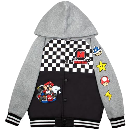 Nintendo Super Mario Graphic Boys Hooded Fleece Varsity Jacket for Kids and Toddlers (Size 7, Grey)
