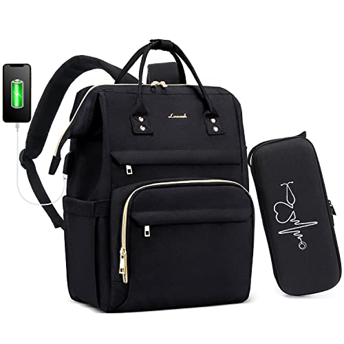 LOVEVOOK Nurse Backpack Laptop Backpack for Women with Stethoscope Case & USB Charging Port Anti Theft Travel Backpacks Doctor Bag Fits 15.6 Inch Laptop and Notebook, Black