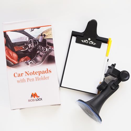 Car Clip Board, Dashboard Memo Pad with Pen Holder & Pad Mount - Universal Suction Cup, Flexible Neck Mount - Allows You to Take Notes While On-The-Go with 5 Replacement Pads of 30 Pages by Mobi Lock