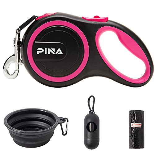 PINA Retractable Dog Leash, 26ft Dog Leash for Small Medium Large Dogs Up to 110lbs, 360° Tangle-Free Strong Reflective Nylon Tape, with Anti-Slip Handle, One-Handed Brake, Pause, Lock - Black Pink
