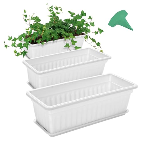 GROWNEER 3 Packs 17 Inches White Flower Window Box Plastic Vegetable Planters Long Pots with 15 Pcs Plant Labels for Outdoor Indoor Windowsill, Patio, Garden, Home Decor, Porch