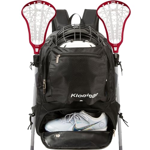 Kioqiear Lacrosse Bag, Large Sports Lacrosse Backpack Bag for All Lacrosse or Field Hockey Equipment - Two Stick Holders and Separate Cleats Shoe Compartment. (Black)