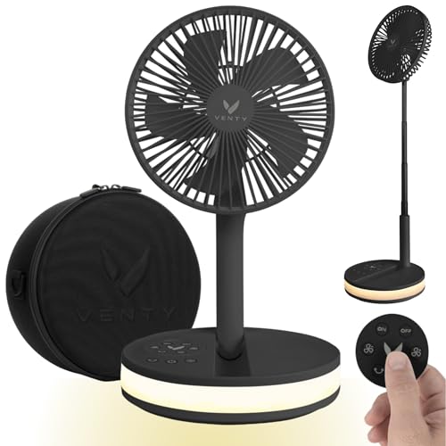 VENTY Portable Fan - Wireless Battery Operated Fan, 48HR Run Time 16000MAH Oscillating Rechargeable Fan, Remote Control & LED Lighting, Folding Telescopic Camping Fan (Black with Case)