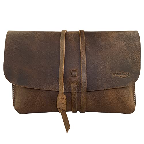 Heather's, Minimalists Clutch Bag Handmade from Full Grain Leather - Wallet for Cards, Money, Coins, Great for Makeup, Cosmetics & Toiletry Items - Bourbon Brown
