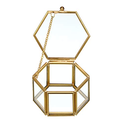 Hipiwe Glass Vintage Jewelry Box - Golden Geometric Jewelry Display Organizer Keepsake Box Case Home Decorative Box for Storage Trinket Ring Earring Chest (Small)