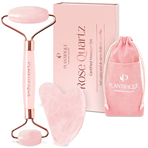 PLANTIFIQUE Rose Quartz Face Roller and Rose Quartz Gua Sha Set - Certified Rose Quartz Roller and Gua Sha Set - Face Rollers for Women for Your Skincare Routine