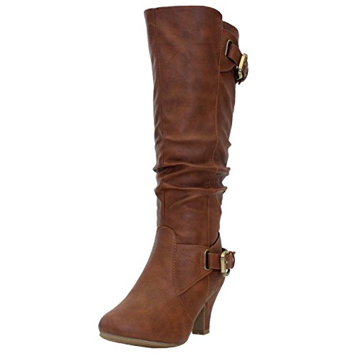 TOP Moda Womens Bag-55 Knee High Buckle Slouched Kitten Heel Boots, Tan 7