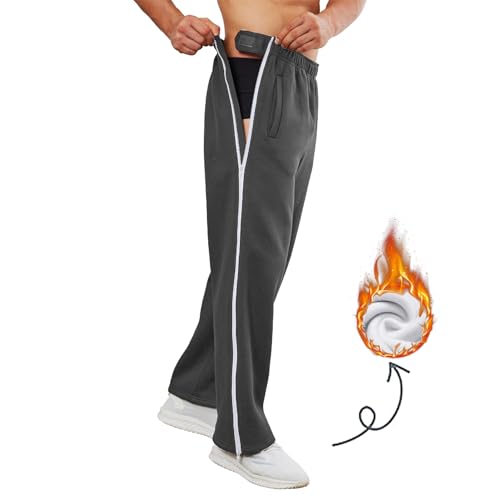 Deyeek Mens Fleece Sweatpants Tear Away Pants 2 Side Zippers Snap Off Full Open Down Sweat Leg Post Surgery Pant with Pockets Grey