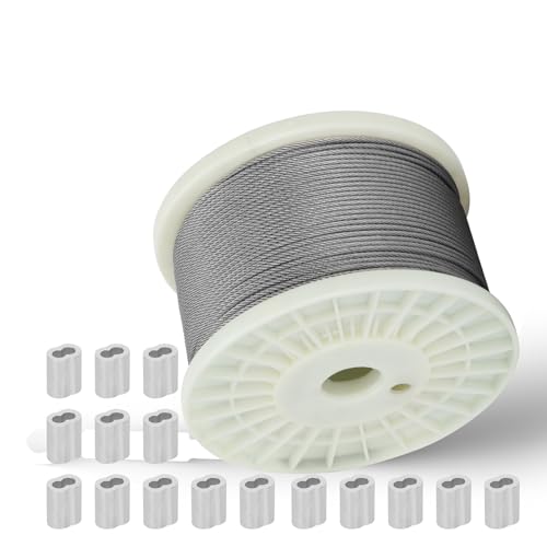 3/32 in stainless steel wire cable 1000ft,304 Grade stainless steel Wire Rope, 7x7Strand Aircraft Cable, for Deck Railing, String Light Hanging,Marine Rigging, Garden Wire with 300 M2.5 Crimping Loops
