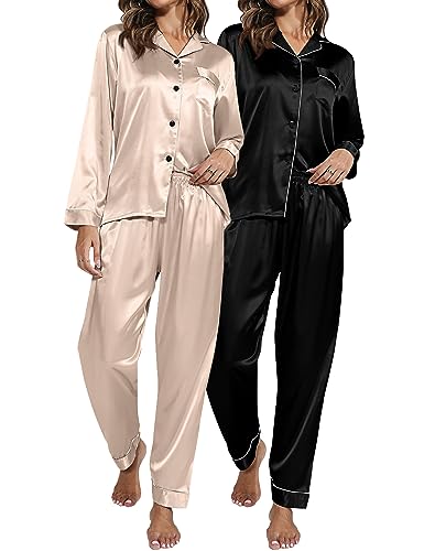 Ficerd 2 Pack Womens Silk Satin Pajamas Set 2 Piece Long Sleeve Sleepwear Loungewear Button Down Satin Pj Set for Women (Black and Champagne,Medium)