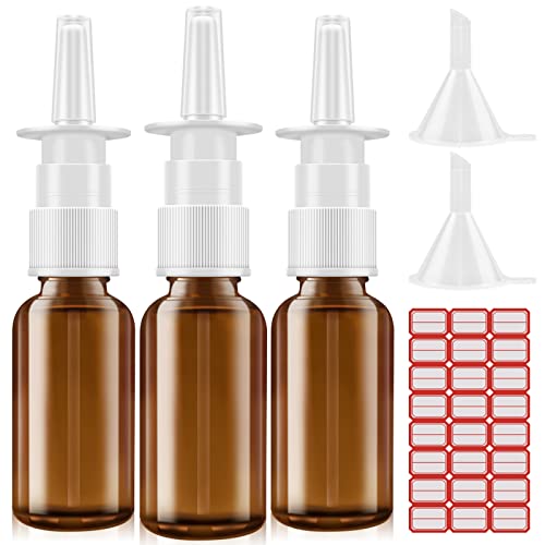 FZENeast Nasal Spray Bottle, 3 Pcs 30ML/1oz Glass Amber Empty Nose Spray Bottle, Small Refillable Nasal Sprayer with Funnels and Labels