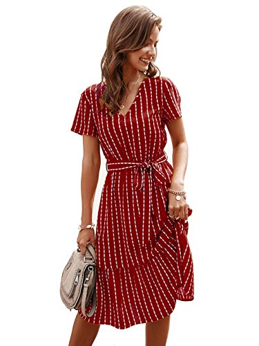 Anna-Kaci Women's Vertical Striped Short Sleeve Ruffle Flowy Swing Dress with Belt, Red, Small