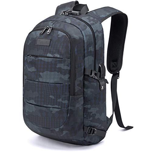 Tzowla Anti-Theft Business Laptop Backpack, Water Resistant, 15.6 Inch, Navy Blue Camo, Unisex