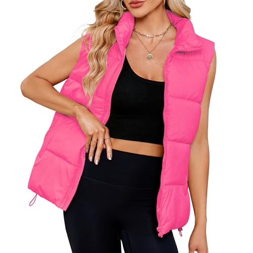 Century Star Puffer Vest for Women's Outerwear Vests Puffy Oversized Sleeveless Zip Up Padded Stand Collar Jacket Coat Warm Winter Gilet Hot Pink Small