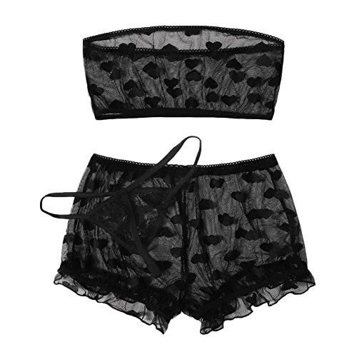 Generic Lingerie Women Thong Trim Heart Top Set Pattern Shorts Pajamas Sheer Frill Glitter Lingerie Top (Black, S)