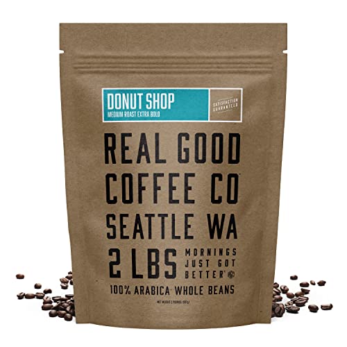 Real Good Coffee Company - Whole Bean Coffee - Donut Shop Medium Roast Coffee Beans - 2 Pound Bag - 100% Whole Arabica Beans - Grind at Home, Brew How You Like
