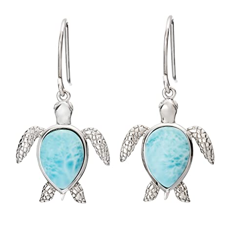 Sterling Silver Natural Larimar Turtle Dangle Hook Earrings