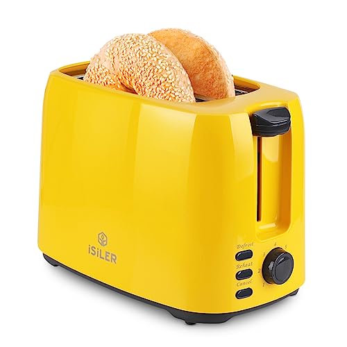 iSiLER 2 Slice Toaster, 1.3 Inches Wide Slot Bagel Toaster with 7 Shade Settings and Double Side Baking, Compact Bread Toaster with Removable Crumb Tray, Defrost Cancel Function Yellow