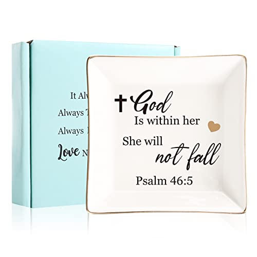 Religious Gifts for Women Christian-Ceramic Ring Dish -God is Within Her She Will Not Fall, Christian Gifts for Mom Sister Aunt
