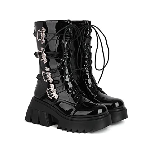 TVACHI Women's Black Goth Platform Ankle Boots with Bat Wing Buckles Chunky Heel Zipper Punk Motorcycle Boots,Black Patent Leather,13