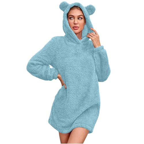 Cropped Cardigans For Women 2023 Fall Cute Hoodie Oversized Sweatshirt Dress For Women Long-Sleeved Fleece Solid Color Pullover Keep Warm Winter Dresses Sky Blue Medium