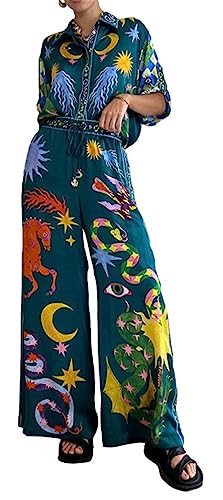 Womens Sexy 2 Pieces Printed Blouse Shirts Tops Bodycon Wide Leg Pants Party Clubwear Tracksuit Outfits Sweatsuit Set Green