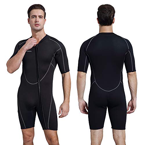 Mens 3mm Shorty Wetsuit, Premium Neoprene Front Zip Short Sleeve Diving Wetsuit Snorkeling Surfing (Men Black, 4XL)