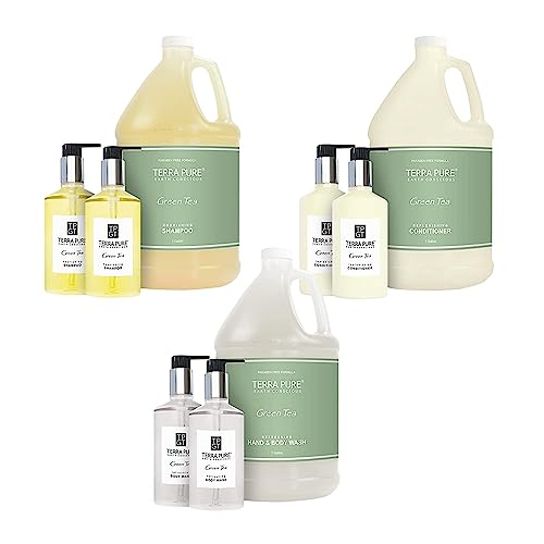 Terra Pure Gallon & Dispenser Set | 1-Shoppe All-In-Kit | Shampoo Conditioner Body Wash Gallon | Refillable 10.14 oz. Matching Pump Bottles