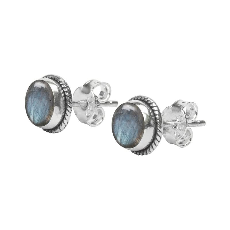 Labradorite Stone Stud Post Earrings, 925 Sterling Silver Gemstone Earring 6 MM Round Girls Women Gift