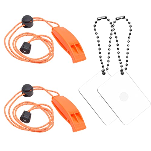 Eco-Fused 2X Survival Whistle and 2X Signal Mirror - Outdoor Survival Kit Rescue Flash Mirror - Clip-on Whistle with Lanyard - Backpacking, Camping, Marine Use, Outdoor Activities