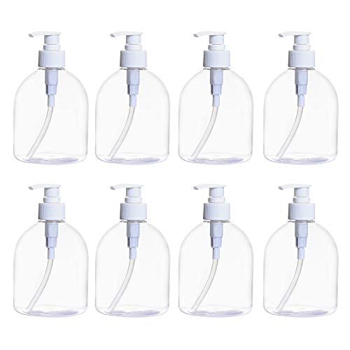 Yephets 16oz Empty Pump Bottles for Hand Sanitizer，8 Pack Plastic Clear Vacuum Press Refillable Empty Bottles BPA-Free Shampoo Containers for Soap, Cream, Lotion, Hand Sanitizer, Cleaning Solutions