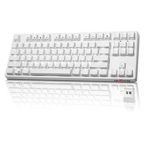 VELOCIFIRE Wireless Mechanical Keyboard, TKL02WS TKL 87 Key Ergonomic Linear Red Switches Mechanical Gaming Keyboard with White LED Backlit for Copywriters, Typists, and Programmers(White)