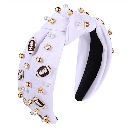 Football Headband Pearl Rhinestone Jeweled Knotted Headbandn Wide Game Day Sports Hair Accessories Gift for Football Mom Fans