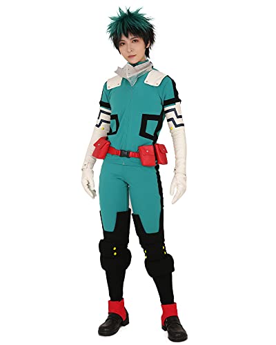 miccostumes Men's Costume Anime Hero Cosplay Green Fighting Suit Green Full-body Jumpsuit With red belt And Knee Pads (M)