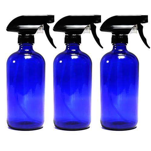 HORMERRY 3pcs Empty Blue Glass Spray Bottles,Large 16 oz Refillable Bottle for Plants, Pets, Essential Oils, Cleaning Products - Black Trigger Sprayer w/Mist and Stream Settings (blue)