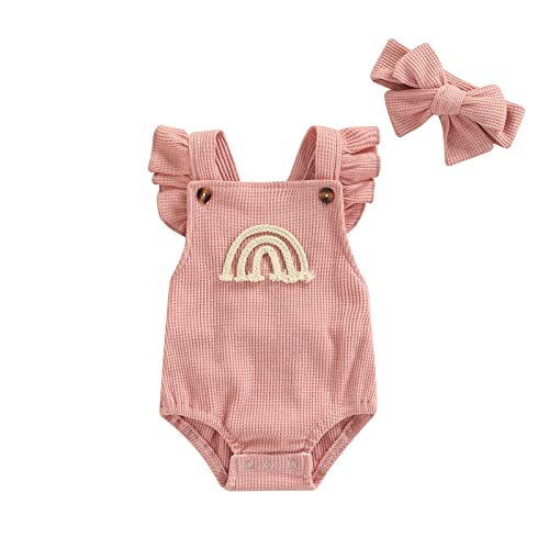 Hnyenmcko Newborn Baby Boy Girls Clothes Infant Rainbow Romper Waffle Ruffled Sleeveless Backless Bodysuit Jumpsuit Headband Outfit (B-Pink, 0-3 Months)