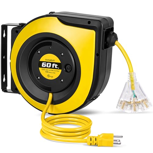 SURAIELEC 12 Gauge Extension Cord Reel, 60 FT Retractable Extension Cord, 12 AWG/3C SJTOW Heavy Duty Power Cord, 15 AMP Circuit Breaker, Lighted Triple Tap, Ceiling or Wall Mount, UL Listed
