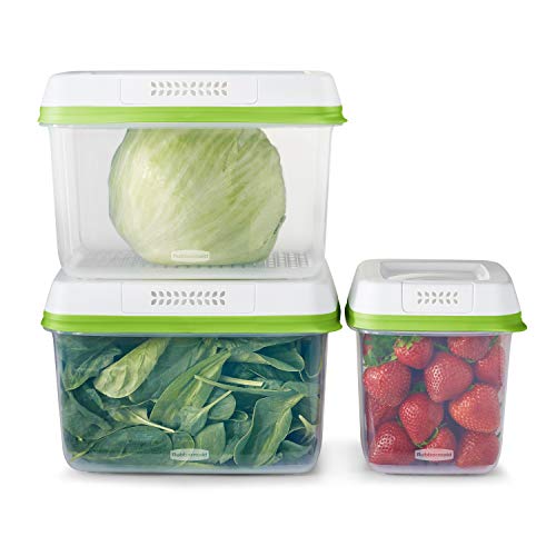 Rubbermaid Produce Saver Containers for Refrigerator with Lids for Food Storage, Dishwasher Safe, Clear/Green, Set of 3 containers and 3 Lids, Med & Lg, 6-Piece