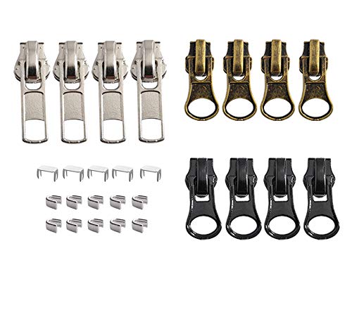 Meikeer 12 Pieces #5 Zipper Slider Repair Kits Black Bronze and Silver Zipper Sliders Zipper Pull Replacement for Metal Plastic and Nylon Coil Jacket Zippers