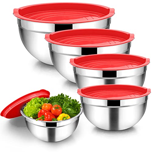 TeamFar Mixing Bowls, 4.5/3/1.5/1/0.7 QT, Stainless Steel Metal Nesting Salad Bowl with Lid Set, Ideal for Mixing Serving, Non-Toxic & Sturdy, Airtight Lid & Easy Clean, Red-Set of 5