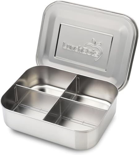 LunchBots Medium Quad Snack Container - Divided Stainless Steel Food Container - Four Sections for Finger Foods On the Go - Eco-Friendly, Dishwasher Safe - Stainless Lid - Stainless Steel