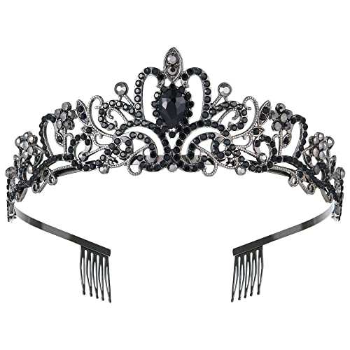 Black Tiaras and Crowns for Women Girls, Crystal Birthday Queen Crowns with Comb Rhinestone Princess Tiara Hair Accessories Wedding Crown for Brides