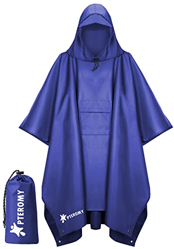 PTEROMY Hooded Rain Poncho for Adult with Pocket, Waterproof Lightweight Unisex Raincoat for Hiking Camping Emergency (Blue)