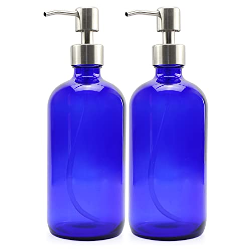 Cornucopia 16-Ounce Cobalt Blue Glass Bottles w/Stainless Steel Pumps (2-Pack), Soap Dispenser w/Lotion Pumps for Essential Oils, Lotions, Liquid Soap